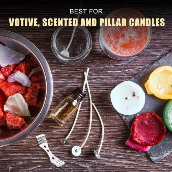 Candle Wicks 90 Pcs (4 Inch, 6 Inch, 8 Inch) with 2 Candle Wick Holders & 90 Wick Tab Stickers, Long Lasting Pre-Waxed & Tabbed Cotton Threads with No Black Smoke for Candle Making {5}