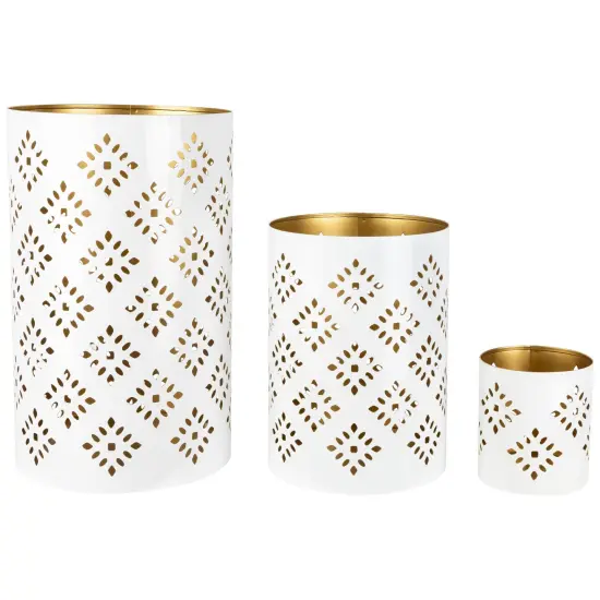 Northlight Laser-Cut Diamond Pattern Iron Candle Holders - 10" - White and Gold Finish - Set of 3 {1}