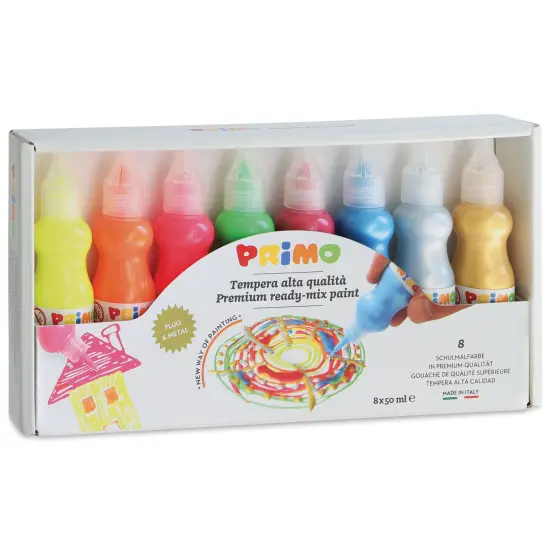 Primo Tempera Paints - Set of 8, Fluorescent and Metallic, 50 ml {1}