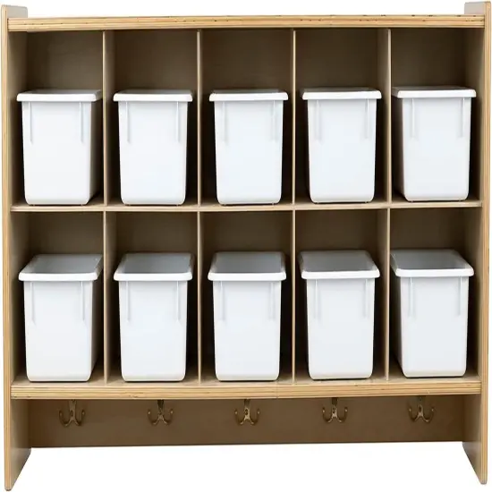 Cubby Storage Organizer Cubes, 10 Cubbies with Coat Hooks, Hanging Wall Cubby Shelf for Kids Toys, Daycare, Classroom, 47-Inch Width White {1}