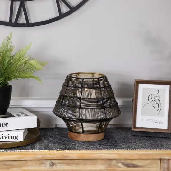 Northlight Large Woven Iron Pillar Candle Holder with Wood Base - 9.25" - Black {3}