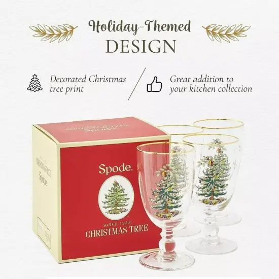 Spode Christmas Tree 16 Ounces Pedestal Goblets with Gold Rims, Set of 4 {3}