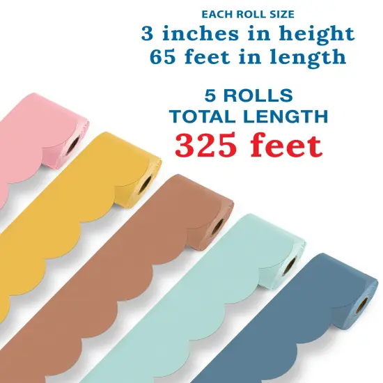 Carson Dellosa 325Ft Rolled Modern Boho Bulletin Board Border Set, 5 Pack Scalloped Border Trim, Brown, Yellow, Blue, Green and Pink Bulletin Board Borders for White Board, Cork Board, Classroom D&eacute;cor {2}