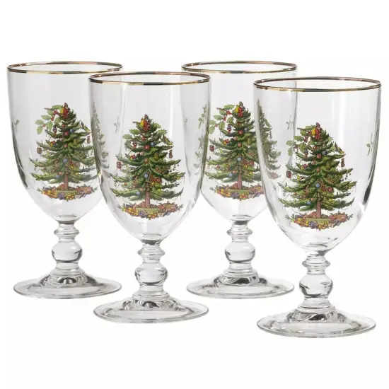 Spode Christmas Tree 16 Ounces Pedestal Goblets with Gold Rims, Set of 4 {1}