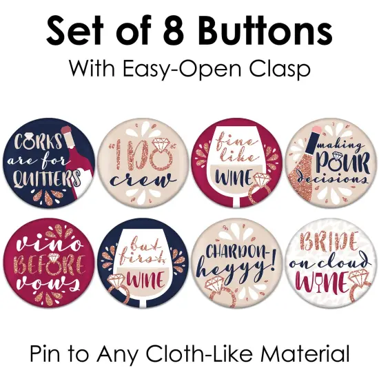 Big Dot of Happiness Vino Before Vows - 3 inch Winery Bridal Shower or Bachelorette Party Badge - Pinback Buttons - Set of 8 {7}