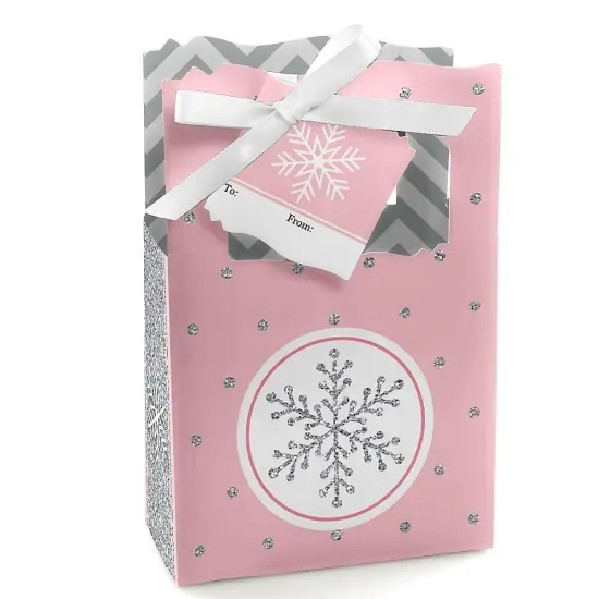 Big Dot of Happiness Pink Winter Wonderland - Holiday Snowflake Birthday Party Favor Boxes Gift Bags - Set of 12 {1}