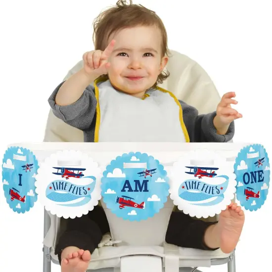 Big Dot of Happiness Taking Flight - Airplane 1st Birthday Highchair Decor - I Am One - First Birthday High Chair Birthday Banner {1}