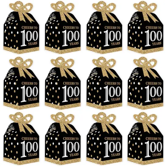 Big Dot of Happiness Adult 100th Birthday - Gold - Square Favor Gift Boxes - Birthday Party Bow Boxes - Set of 12 {6}