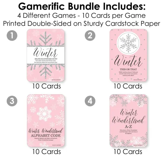 Big Dot of Happiness Pink Winter Wonderland - 4 Holiday Snowflake Birthday Party and Baby Shower Games - 10 Cards Each - Gamerific Bundle {4}