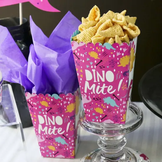 Big Dot of Happiness Roar Dinosaur Girl - Dino Mite T-Rex Baby Shower or Birthday Party Favor Popcorn Treat Boxes - Set of 12 {7}