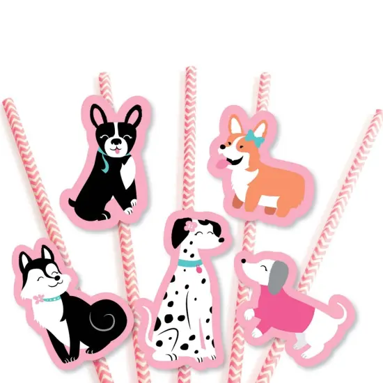 Big Dot of Happiness Pawty Like a Puppy Girl - Paper Straw Decor - Pink Dog Baby Shower or Birthday Party Striped Decorative Straws - Set of 24 {7}