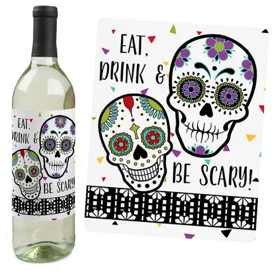 Big Dot of Happiness Day of the Dead - Sugar Skull Decorations for Women and Men - Wine Bottle Label Stickers - Set of 4 {6}