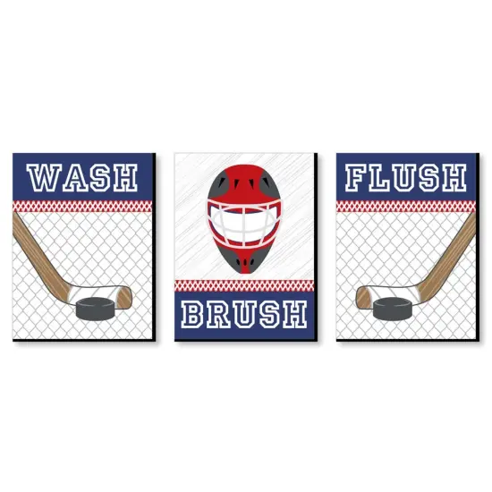 Big Dot of Happiness Shoots and Scores - Hockey - Kids Bathroom Rules Wall Art - 7.5 x 10 inches - Set of 3 Signs - Wash, Brush, Flush {1}