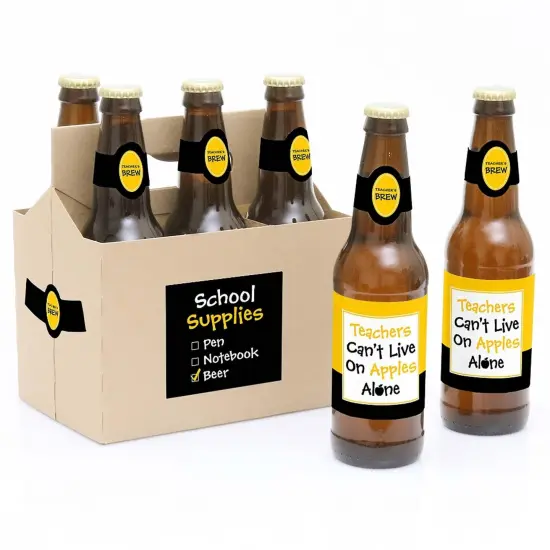 Big Dot of Happiness Best Teacher Gift - Teacher First & Last Day of School or Christmas Gift for Women & Men 6 Beer Bottle Label Stickers & 1 Carrier {1}