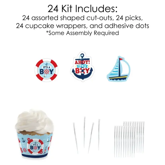 Big Dot of Happiness Ahoy It's a Boy - Cupcake Decoration - Nautical Baby Shower Cupcake Wrappers and Treat Picks Kit - Set of 24 {6}