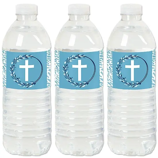 Big Dot of Happiness Blue Elegant Cross - Boy Religious Party Water Bottle Sticker Labels - Set of 20 {1}