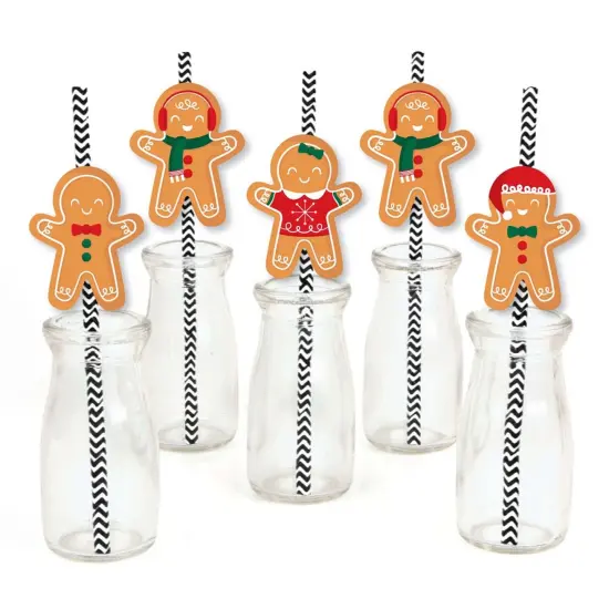 Big Dot of Happiness Gingerbread Christmas - Paper Straw Decor - Gingerbread Man Holiday Party Striped Decorative Straws - Set of 24 {1}