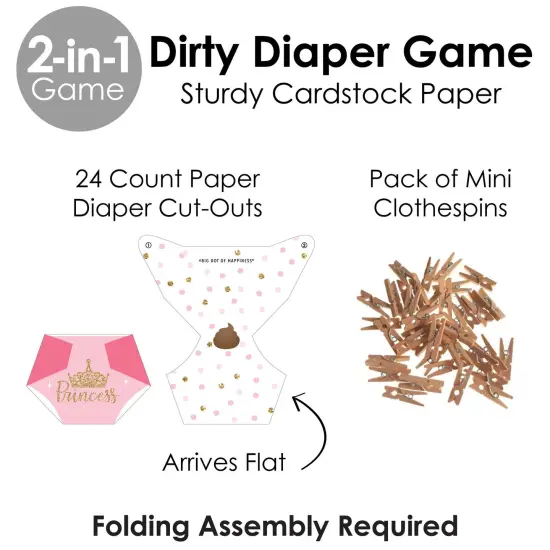 Big Dot of Happiness Little Princess Crown - Pink and Gold Princess Baby Shower Conversation Starter - 2-in-1 Dirty Diaper Game - Set of 24 {6}