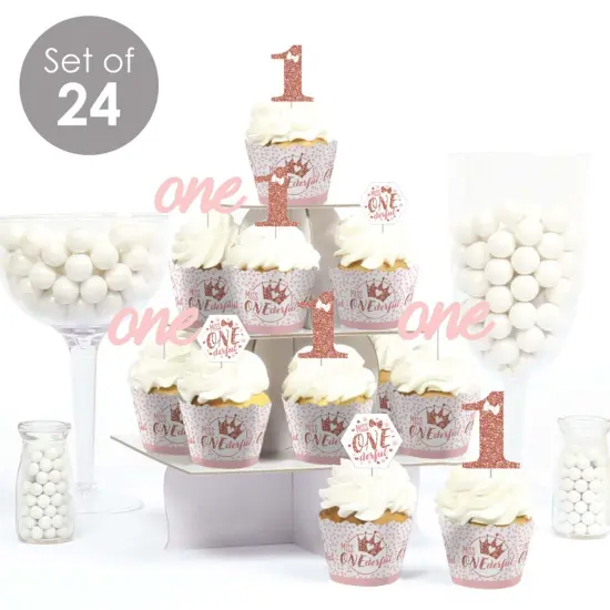 Big Dot of Happiness 1st Birthday Little Miss Onederful - Cupcake Decor - Girl First Birthday Party Cupcake Wrappers and Treat Picks Kit - Set of 24 {3}