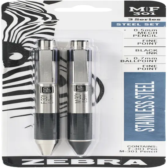 Zebra M/F 301 Stainless Steel Pen & Pencil Set 2/Pkg-Pen 0.7mm & Mechanical Pencil 0.5mm {1}