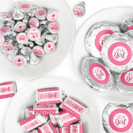 Big Dot of Happiness It's A Girl - Mini Candy Bar Wrappers, Round Candy Stickers & Circle Stickers - Pink Baby Shower Candy Favor Sticker Kit -304 Pcs {1}