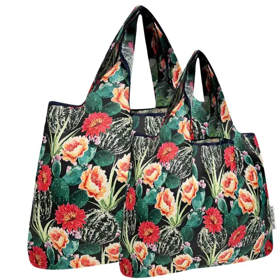 Wrapables Large & Small Foldable Tote Nylon Reusable Grocery Bags, Set of 2, Floral Cactus {1}