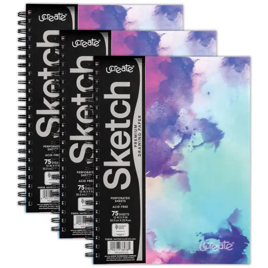 Fashion Poly Sketch Book, Watercolor Splash, Unruled, 12" x 9", Pack of 3 {1}