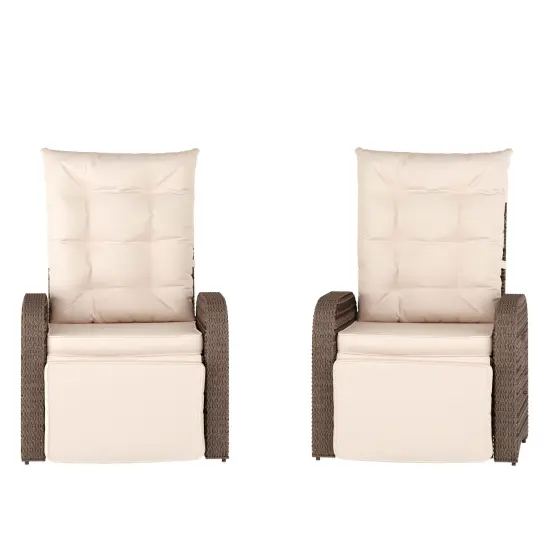 Merrick Lane Selci Set of 2 Modern Style Patio Wicker Rattan Indoor/Outdoor Recliner Lounge Chairs with Side Tables and Adjustable Backs Beige/BrownFrame {1}