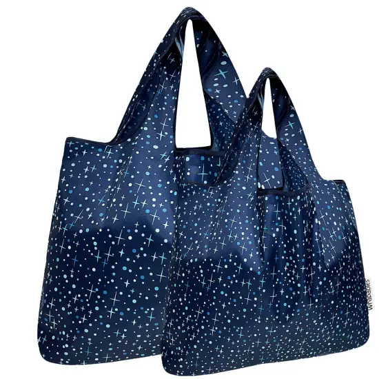 Wrapables Large & Small Foldable Tote Nylon Reusable Grocery Bags, Set of 2, Twinkling Stars {1}