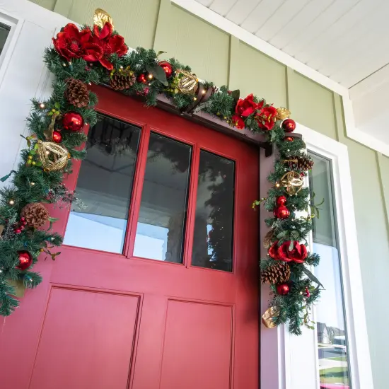 9 ft. Artificial Christmas Garland with Lights - Red Magnolia {6}