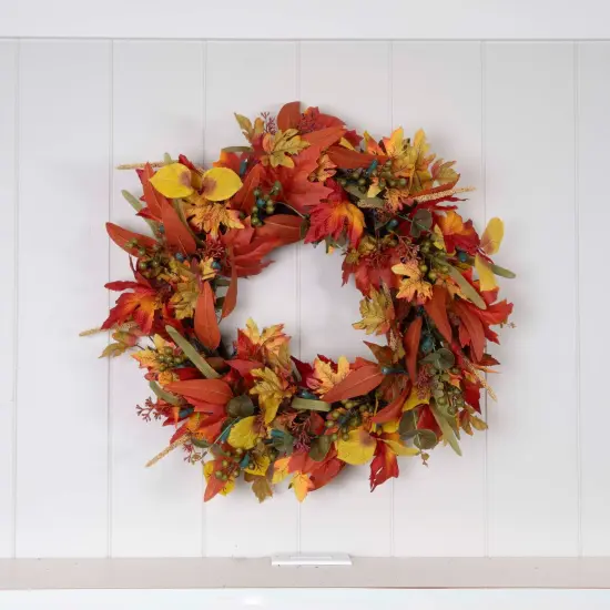 24 in. Holiday Wreath with Lights - Fall Harvest Leaf {4}