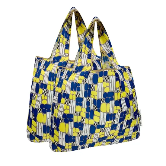 Wrapables Medium Foldable Tote Nylon Reusable Grocery Bag (Set of 2), Yellow Abstract {1}