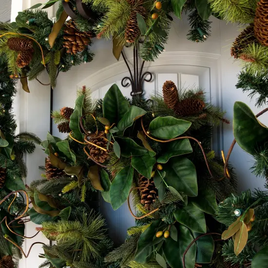 30 in. Holiday Wreath with Lights - Magnolia Leaf {4}