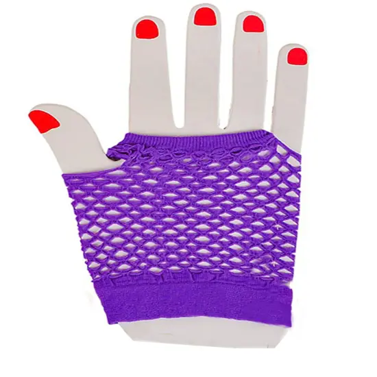 AdultsNeon Purple Fishnet Fingerless 80s Rock Costume Half Gloves {3}