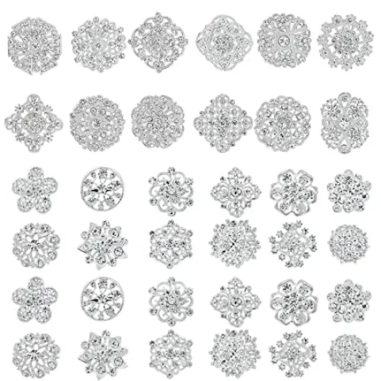 36 PCS Crystal Rhinestone Flower Brooches for DIY Craft Party (Silver ) {2}