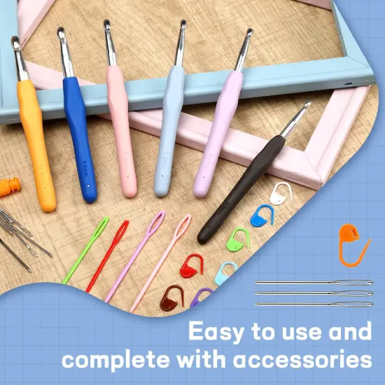 9 Pieces Crochet Hooks, 2mm-6mm Multicolor Extended Crochet, Ergonomic Handle Crochet Hooks Set for Beginners Adults with Stitch Markers and Knitting Needles {5}