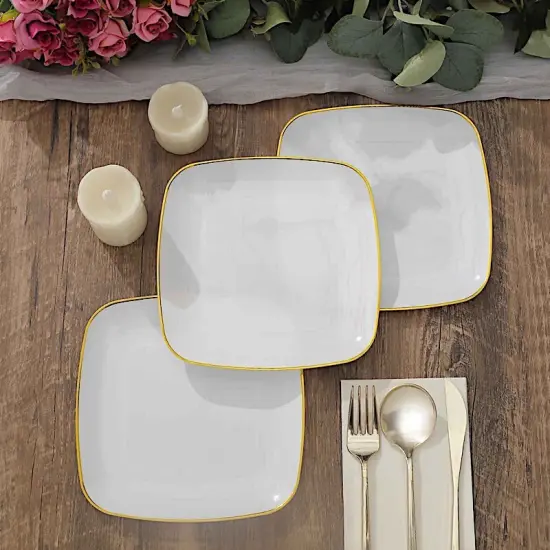 10 Square 7 in Disposable Salad Dinner Plastic PLATES Black and gold {2}
