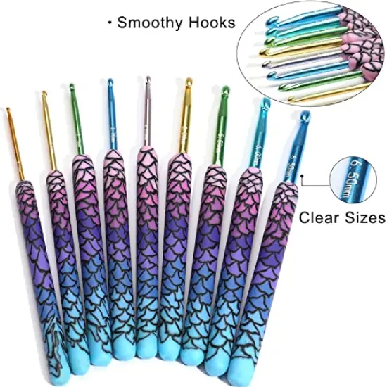 9 Pieces Magic Mermaid Crochet Hoook Solft Warm Crochet Hook Kit Complete 2.0-6.0mm Aluminum Knitting Hook for Crochet Yarn Craft (Patent Pending) (Mermaid) {6}