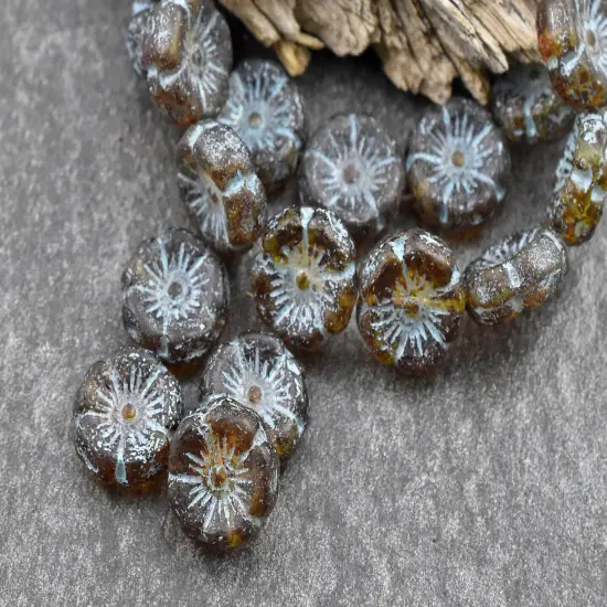 *12* 12mm Turquoise Washed Etched Matte Amber Hawaiian Flower Beads {4}