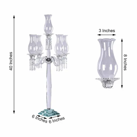 40-Inch Clear 5 Arm Crystal GLASS Candelabra Hurricane Taper CANDLE HOLDER {2}