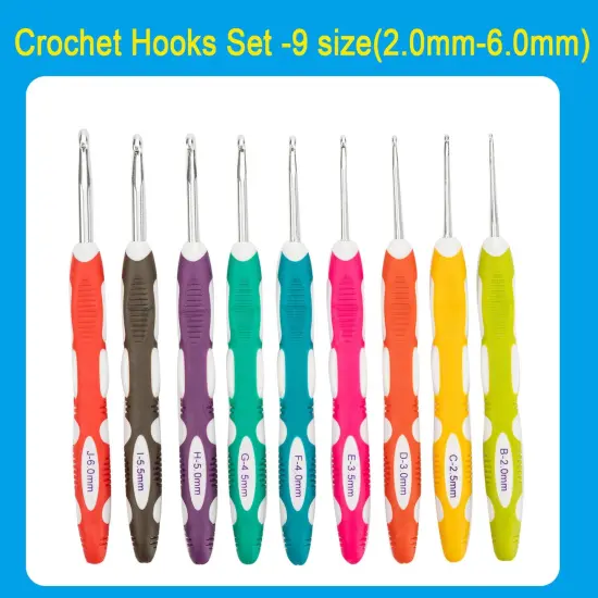 9 Pieces Longer Ergonomic Crochet Hook Set USA Standard Size B to J 2.0mm-6.0mm Smooth Soft Grip Handles Crochet Needles Knitting Needles for Arthritic Hands,Beginners and Experienced Crocheter {1}