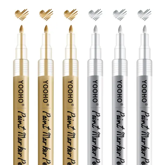 6 Pieces Paint Pen Gold Silver Metallic Permanent Acrylic Markers Set for Fabric Glass Rock Wooden Ceramic Leather Tire Painting, 0.7mm Extra Fine Tip (3pcs Gold+3pcs Silver) {1}