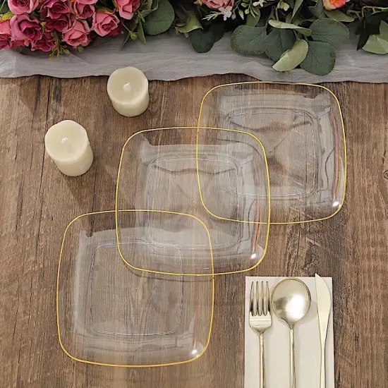 10 Square 7 in Disposable Salad Dinner Plastic PLATES Clear with gold {1}