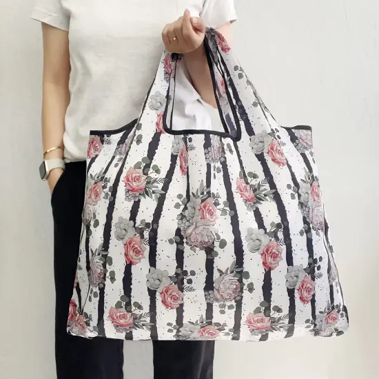 Large Foldable Tote Nylon Reusable Grocery Bags, Rose & Stripes {3}