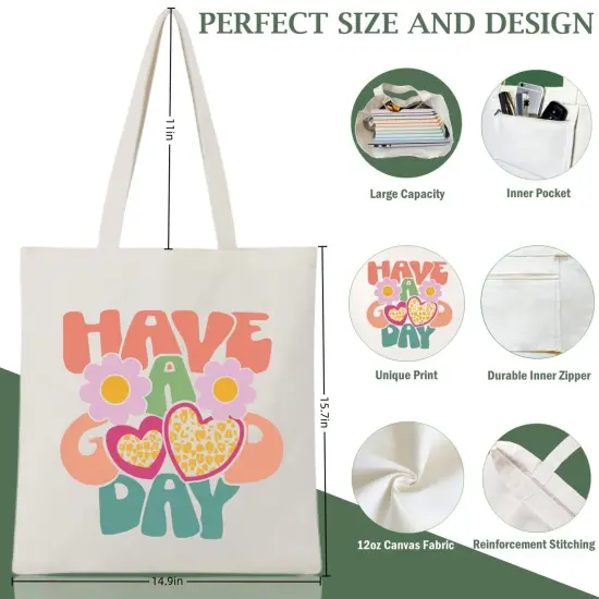 Canvas Tote Bag for Women with Zipper Pocket Aesthetic Cloth Cotton Totes Reusable Grocery Bags Shoulder Book Bags Gifts {1}