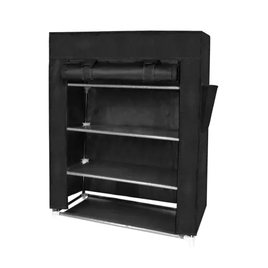 4 Tier Shoe Rack with Side Pocket Holds 24 Shoes Black {1}