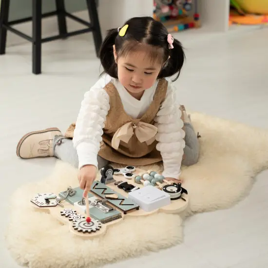 Wooden Sensory Bear Shaped Learning Toddler Busy Board for Playroom, Nursery, Preschool, and Doctors' Office Pink {10}