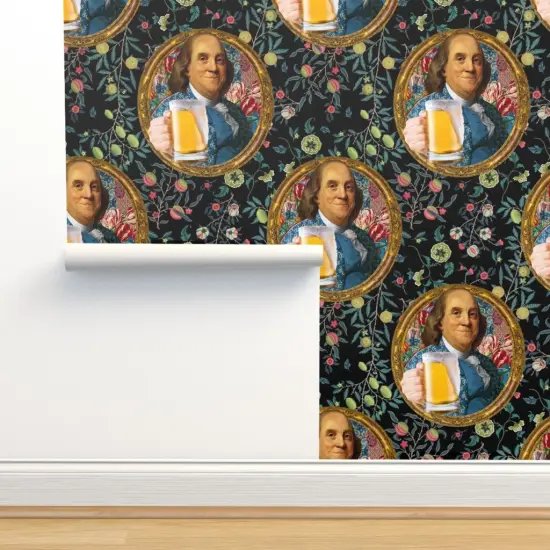 Pre-Pasted Wallpaper 2FT Wide Benjamin Franklin Beer Floral Botanical Portrait Multicolor Constitution Bar Political Figure Historic Figures Pub Funny Cheers Large Scale Custom Pre-pasted Wallpaper by Spoonflower {2}