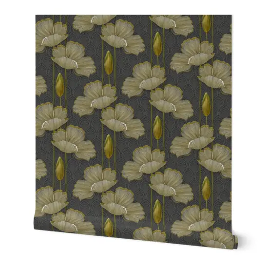 Peel & Stick Wallpaper 2FT Wide Art Decor Poppy Vintage 1920S Poppies Yellow Grey Antique Floral Botanical Custom Removable Wallpaper by Spoonflower {7}