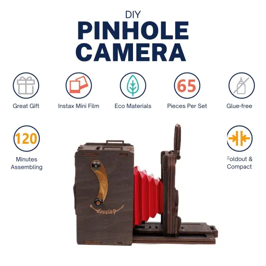 Pinhole Instant Film Camera Building Set - 3D Wooden Puzzle for Adults - Retro Vintage Steampunk Mechanical Wood Model to Build - Compatible with Instax Mini Film (Not Included) Natural wood diy {8}